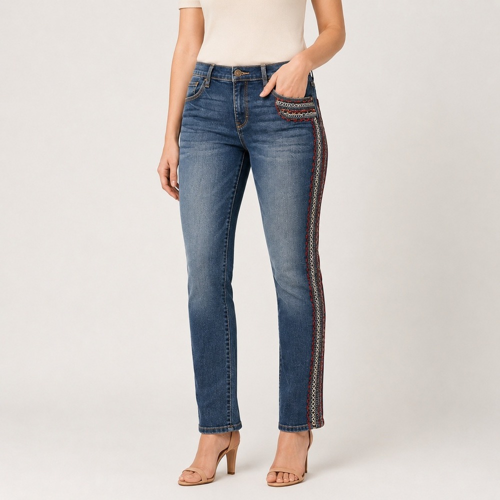 Driftwood Audrey Jeans Embroidered Straight Leg Womens Blue 31 Side Stripe